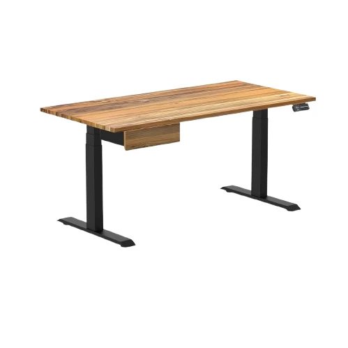 Desky Dual Hardwood Standing Desk With Drawer 150cm Teak Desktop and Matte Black Frame