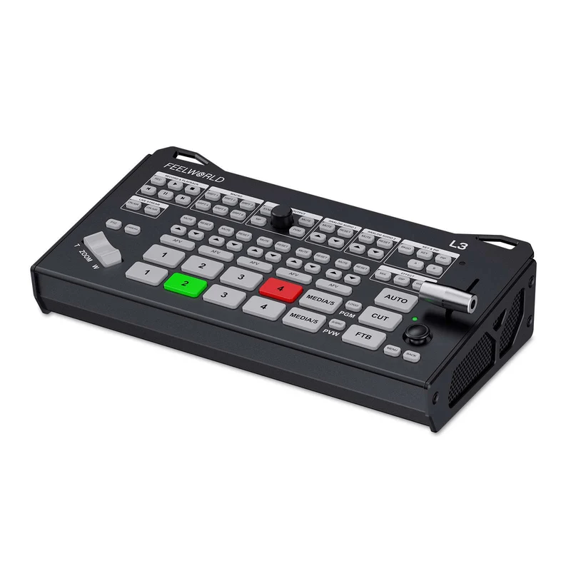 Mixer video multicamera FEELWORLD L3 con 4 ingressi HDMI e 1 ingresso UVC per streaming live.