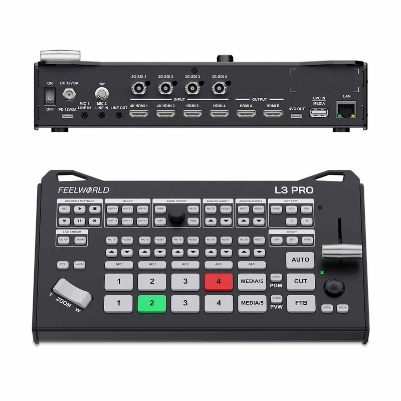Mixer video multicamera FEELWORLD L3 PRO con 4 ingressi HDMI, 4 ingressi SDI e 1 ingresso UVC per streaming live.