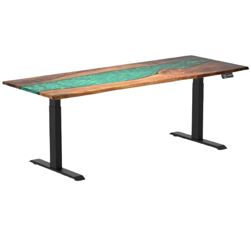 Desky Dual Resin Hardwood Sit Stand Desk 200cm Natural Walnut Emerald River Desktop and Matte Black Frame