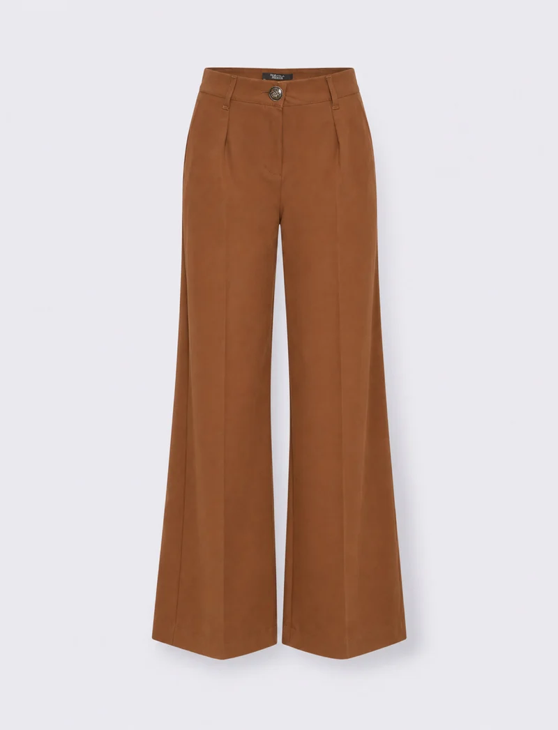Pantaloni palazzo in tessuto fluido con zip e bottone - Cammello