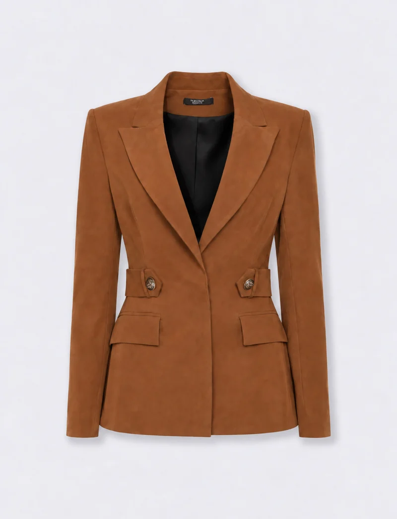 Giacca slim in tessuto fluido con bottone nascosto - Cammello