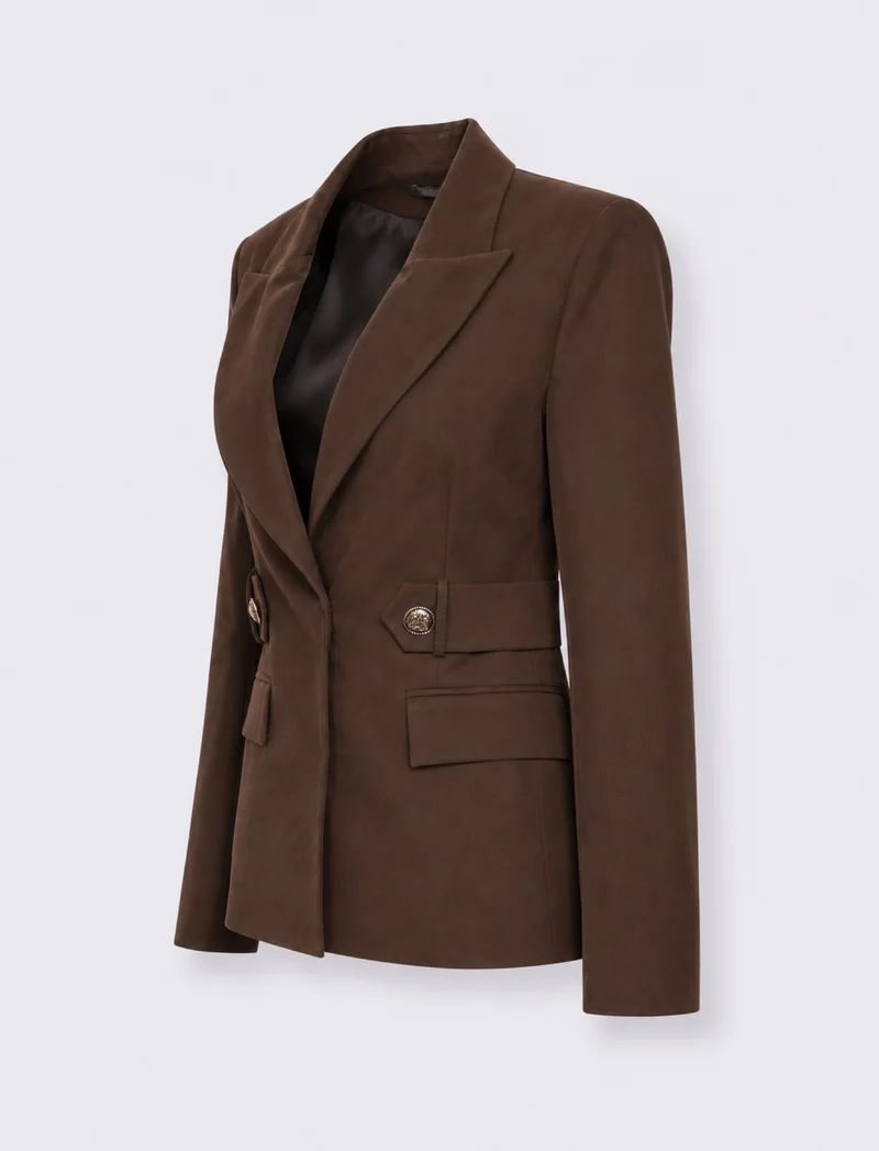 Giacca slim in tessuto fluido con bottone nascosto - Moro