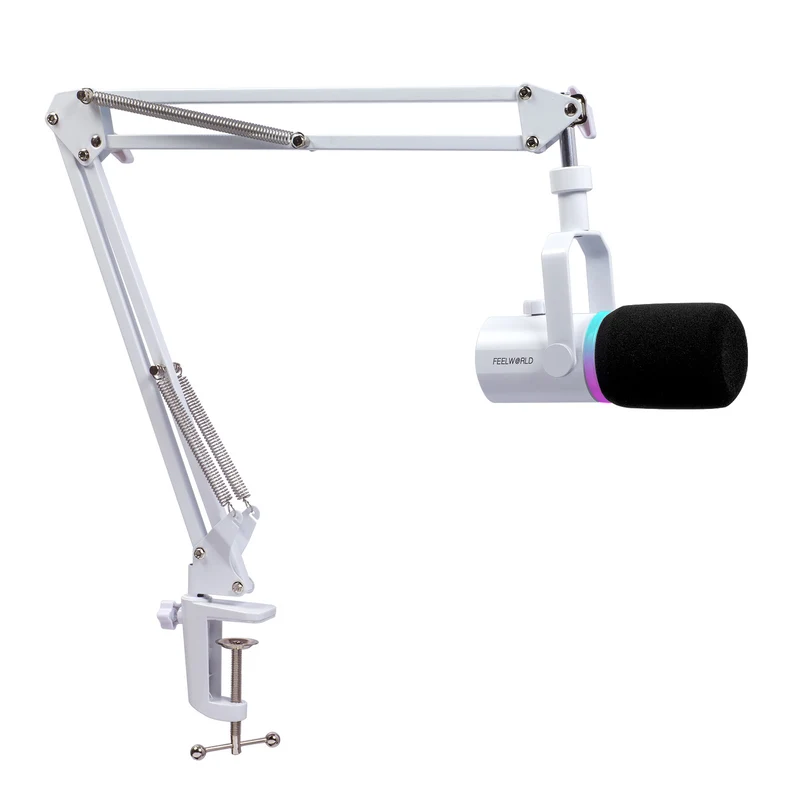 Microfono dinamico USB XLR bianco FEELWORLD PM1 con supporto a braccio per podcast