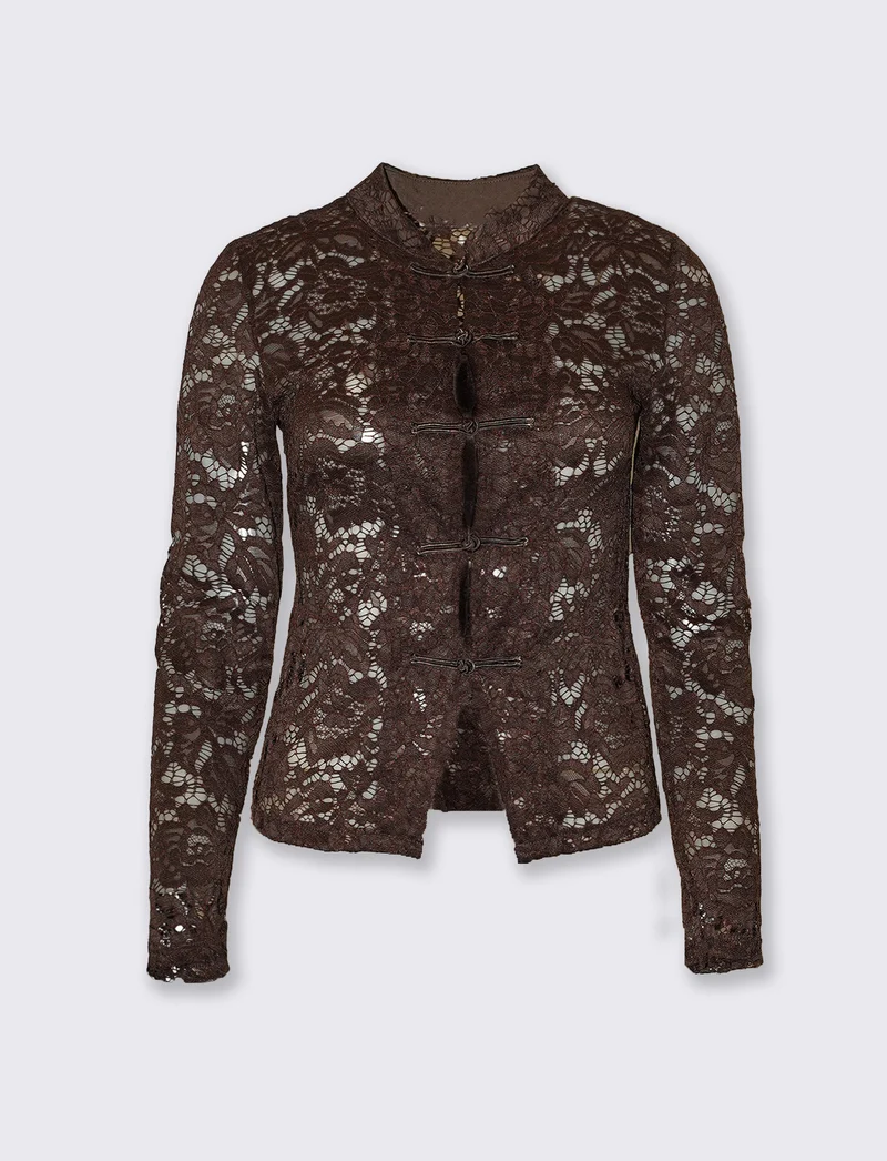 Camicia in pizzo con colletto alla coreana e alamari - Moro