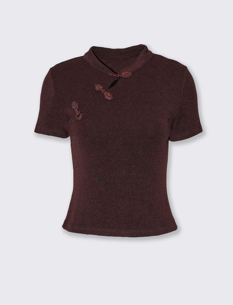 Maglia mezza manica asimmetrica con collo alla coreana e alamari - Vinaccia