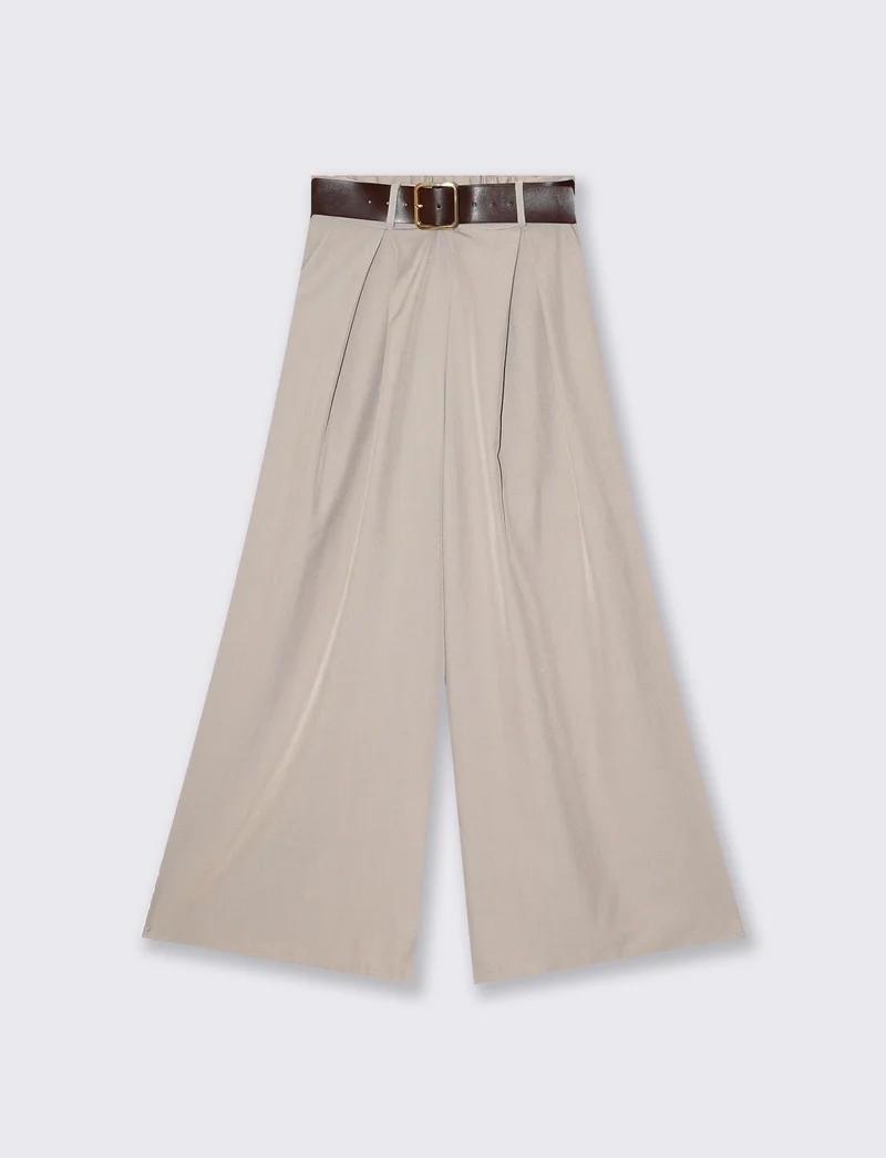 Pantaloni wide leg a vita segnata con cintura - Beige
