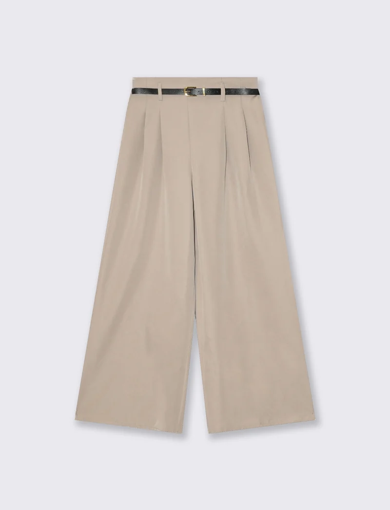 Pantaloni ampi con pences e cintura - Grigio fango