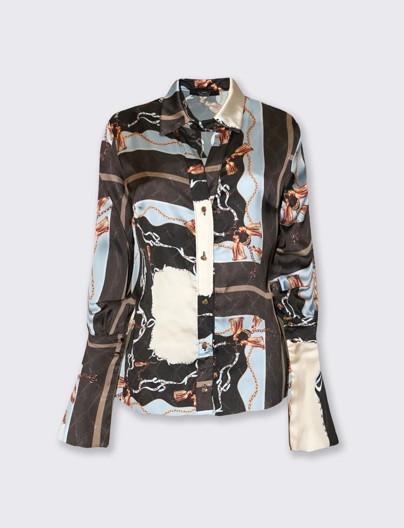 Camicia in raso a manica lunga con abbottonatura sul colletto - Fantasia