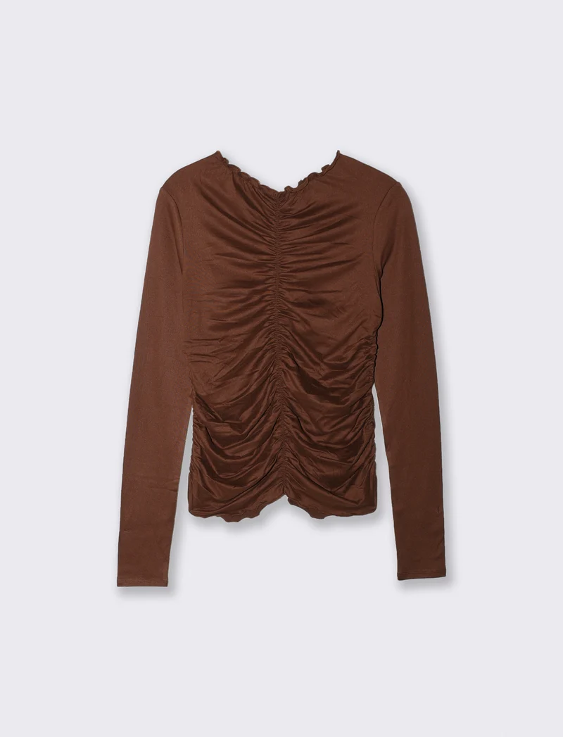 T-shirt arricciata a manica lunga - Marrone cioccolato