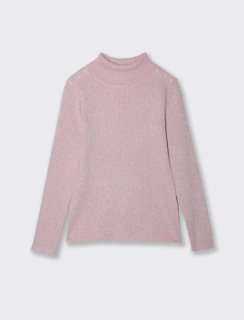 Maglia collo alto bambina in costina - Rosa polvere