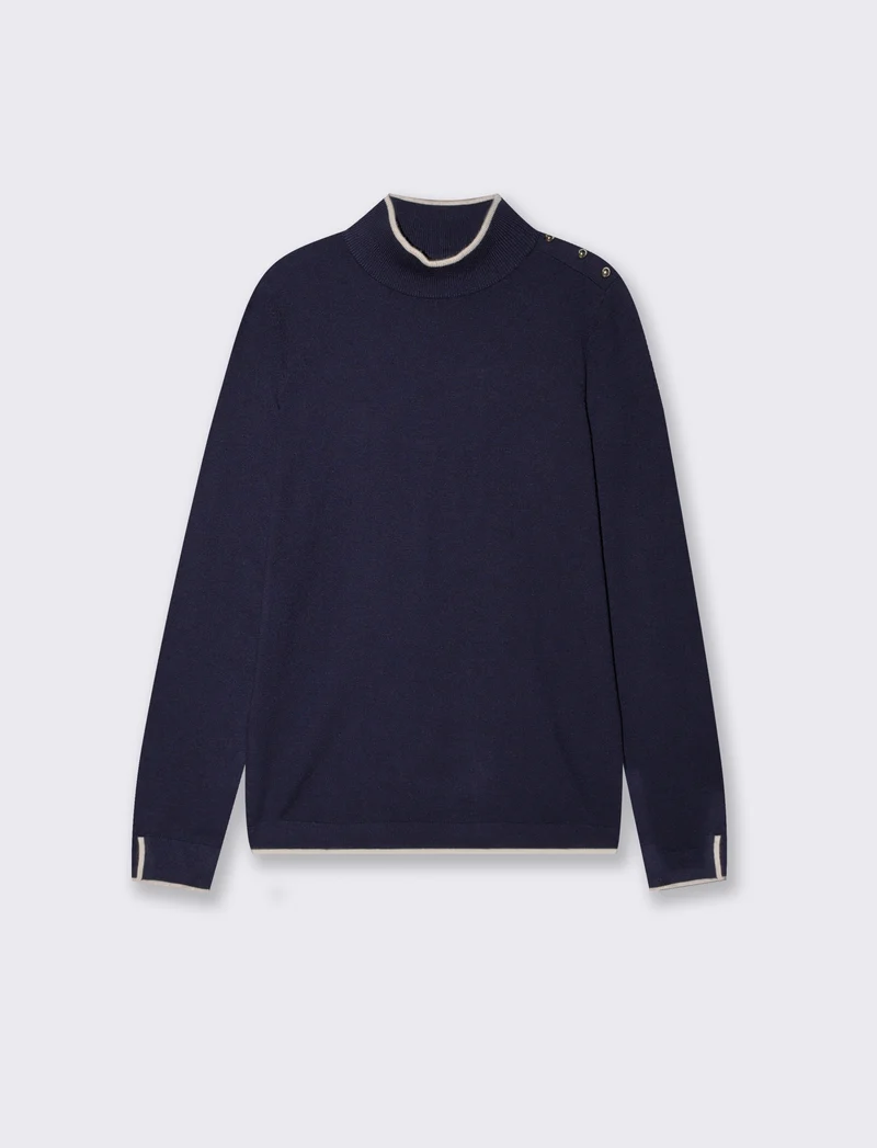Pullover collo alto con contrasto e bottoni - Blu