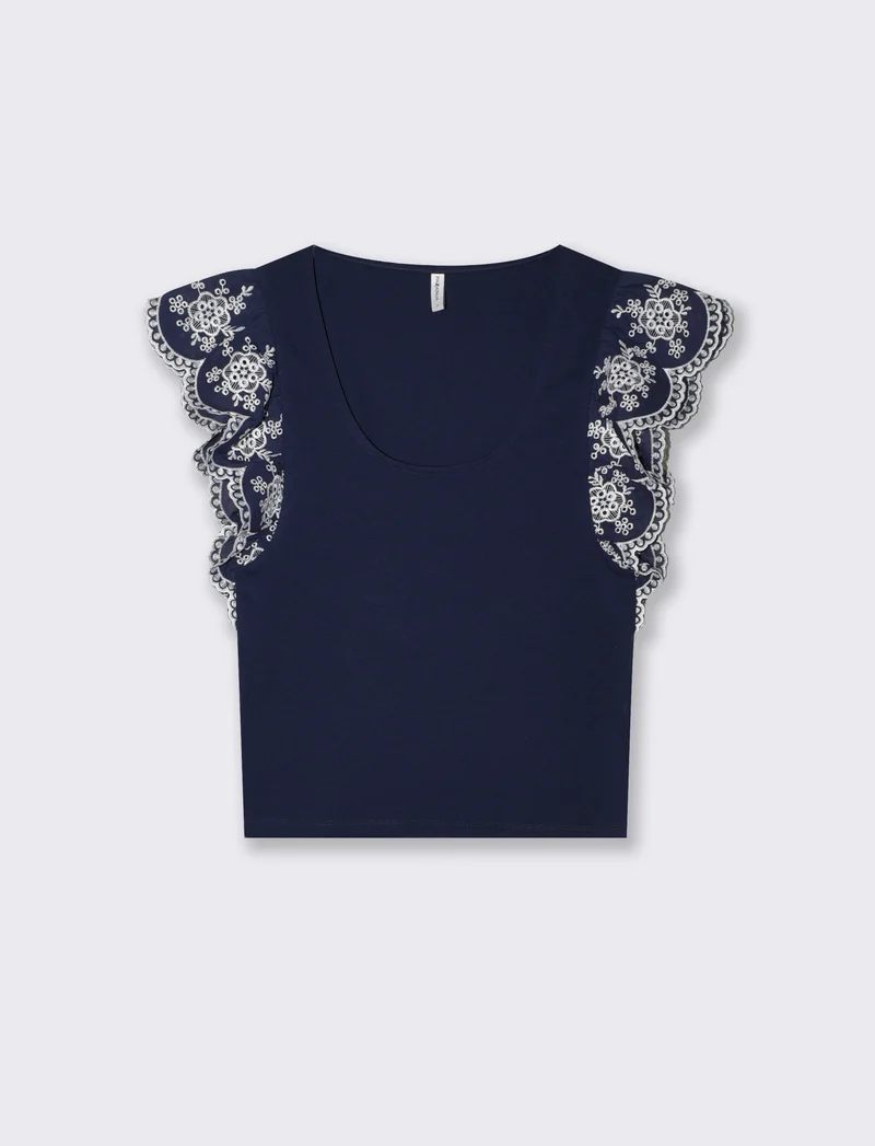 T-shirt con maniche in pizzo sangallo - Blu