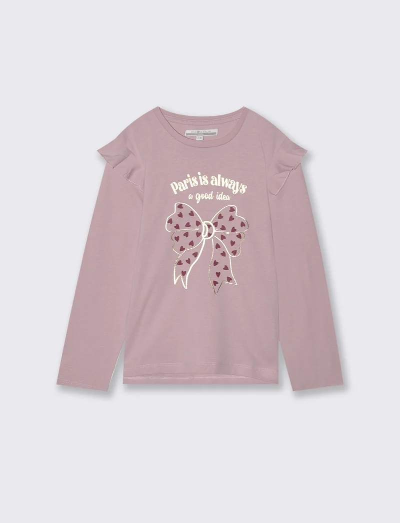 T-shirt lunga con rouches e stampa vivace - Rosa polvere