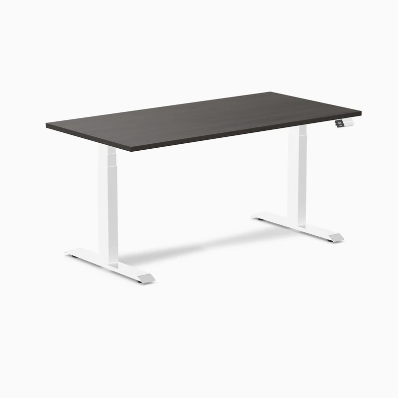 Desky Dual Melamine Sit Stand Desk 150cm Burnished Wood Desktop and White Frame