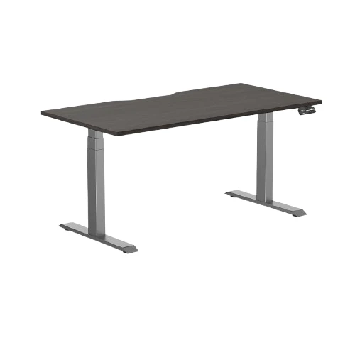 Desky Dual Scalloped Melamine Sit Stand Desk - Burnished Wood / 1500x750mm / Space Grey