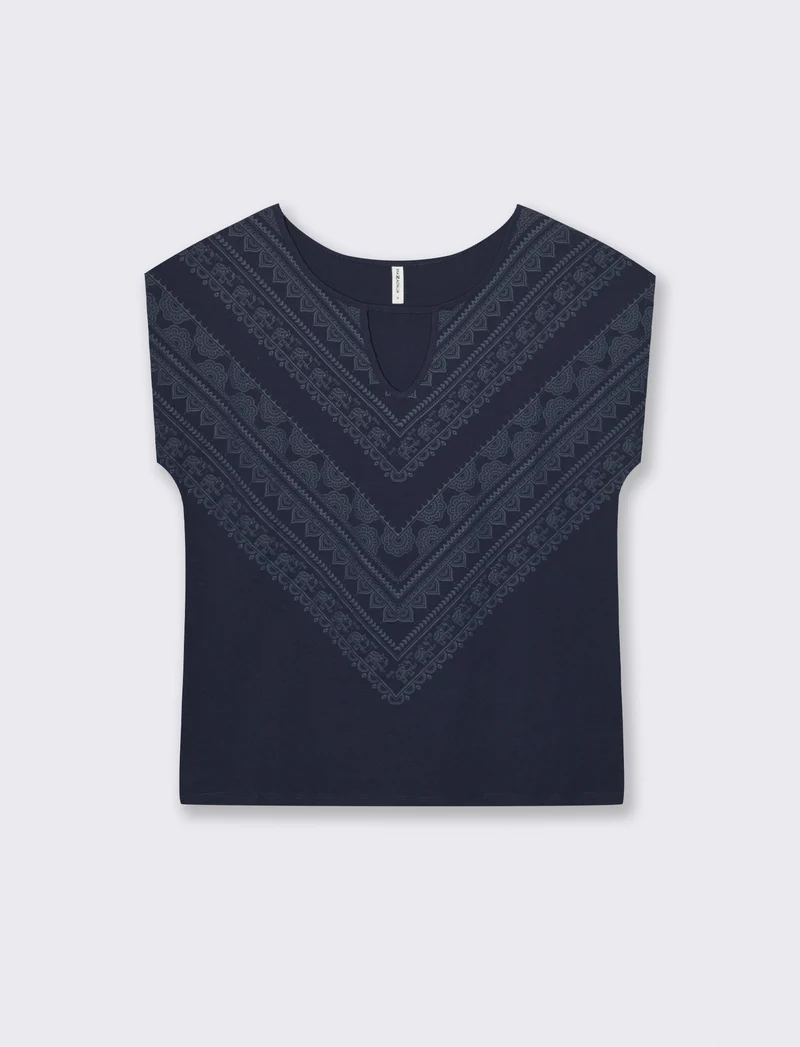 T-Shirt Manica Corta con Apertura al Collo - Blu