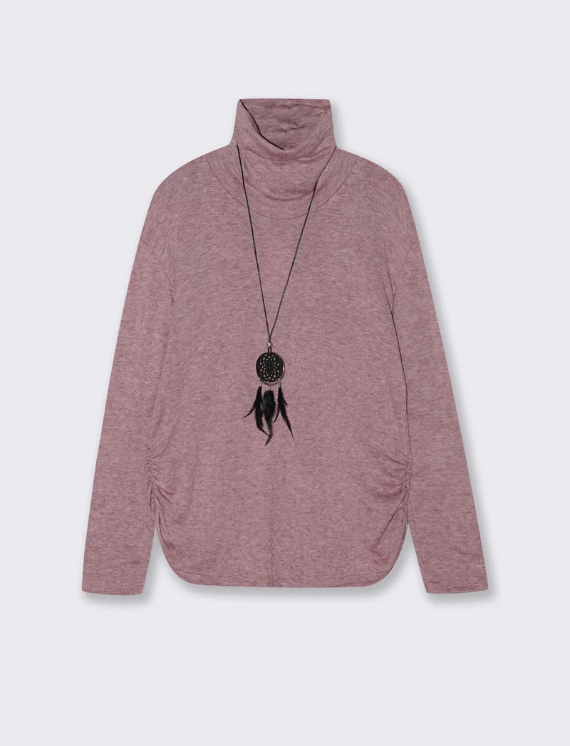 Tshirt manica lunga con collo alto in tessuto pesante con collana - Bordeaux