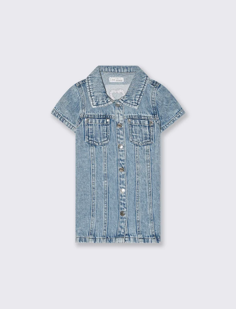 Abito Denim con Collo a Camicia e Ricamo - Denim