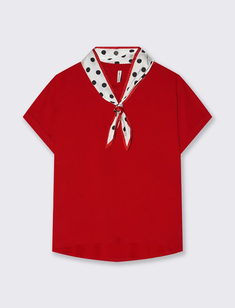 T-shirt in cotone con foulard incluso - Rosso