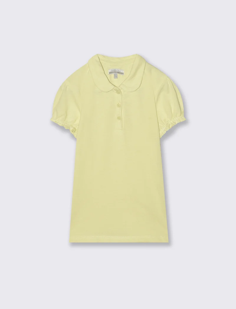 T-shirt polo cotone bambina con maniche arricciate - Giallo