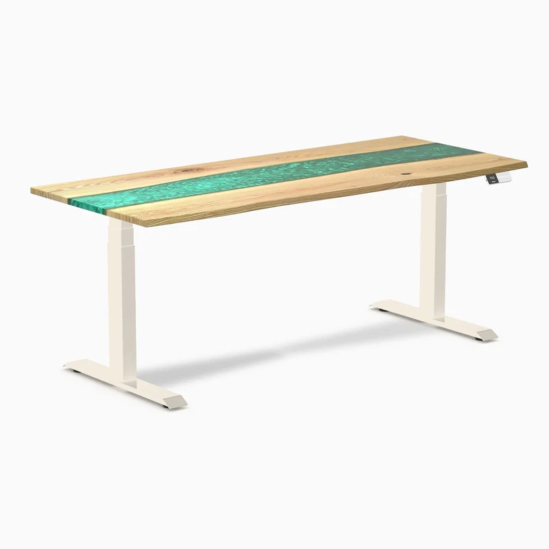 Desky Dual Resin Hardwood Sit Stand Desk 180cm White Ash Emerald River Desktop and Wheat Frame