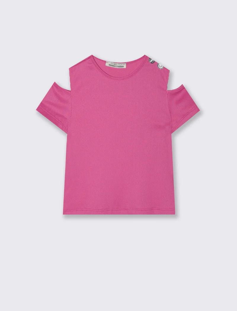 T-shirt mezza manica da bambina in costina elastica. - Fuxia