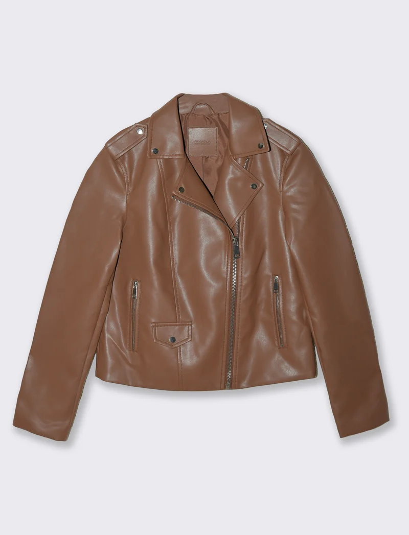 Giubbotto Biker in Tessuto Pelle - Marrone