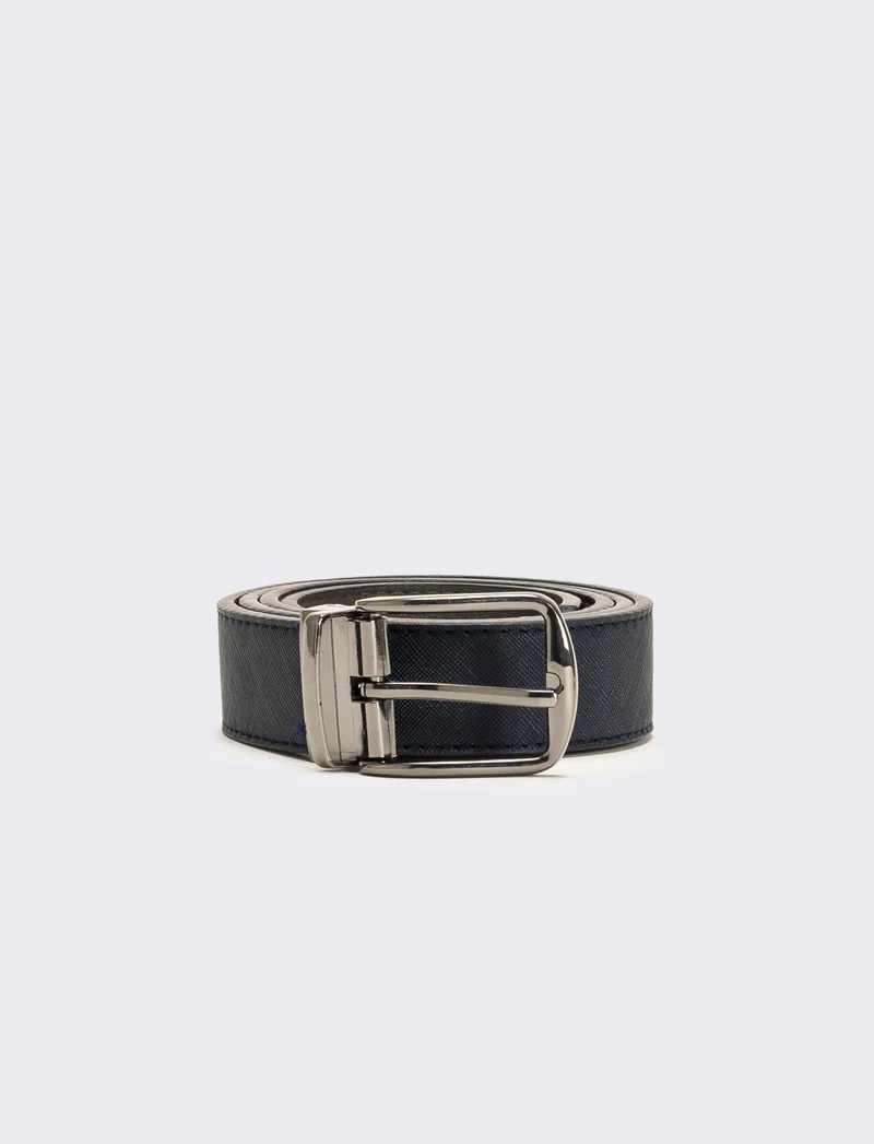 Cintura uomo double face saffiano e liscia - blu-grigio